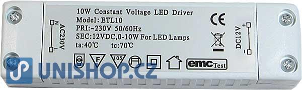 Elektronický transformátor pro LED osvětlení - 12V/10W ET-10 pro LED