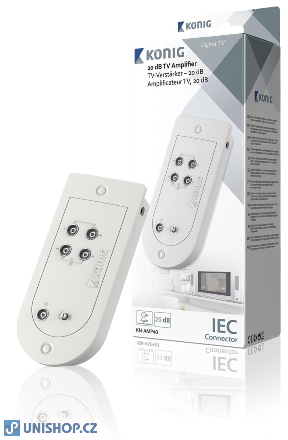 Anténní zesilovač rozbočovač 4x20 dB regulace zisku, napájení 230VAC, aktivní
