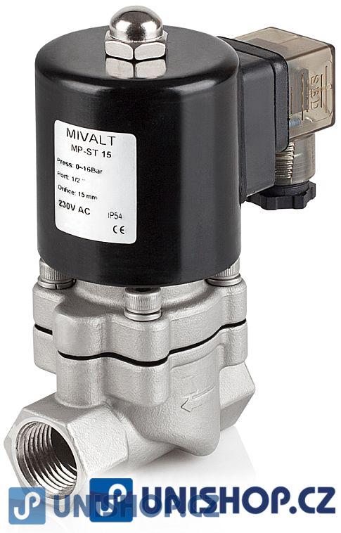 Ventil parní MP-ST15, NC, 1/2", 230V AC, dvoucestný nerezový, (0,5-10bar)